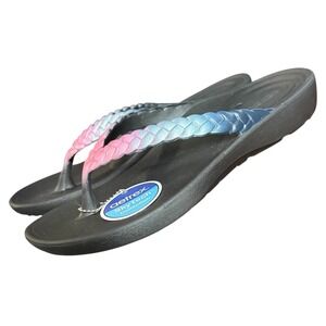 Aetrex Womens Size 8 Vicki Gloss Pink Blue Ombre Braided Thong Sandals NWT